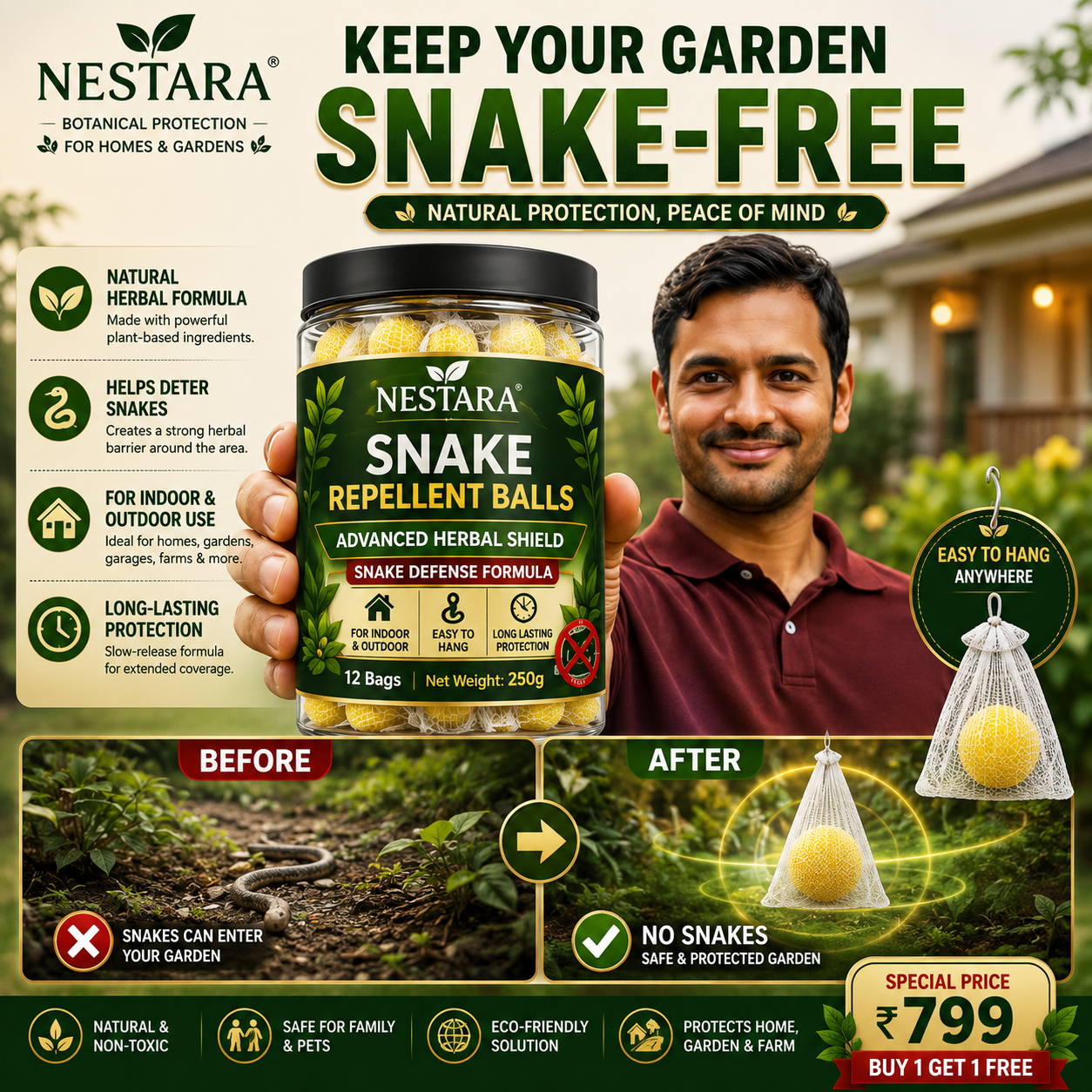 Nestara™ Snake Repellent Balls (Pack of 2) | Natural Herbal Snake Repellent for Home, Garden & Farm