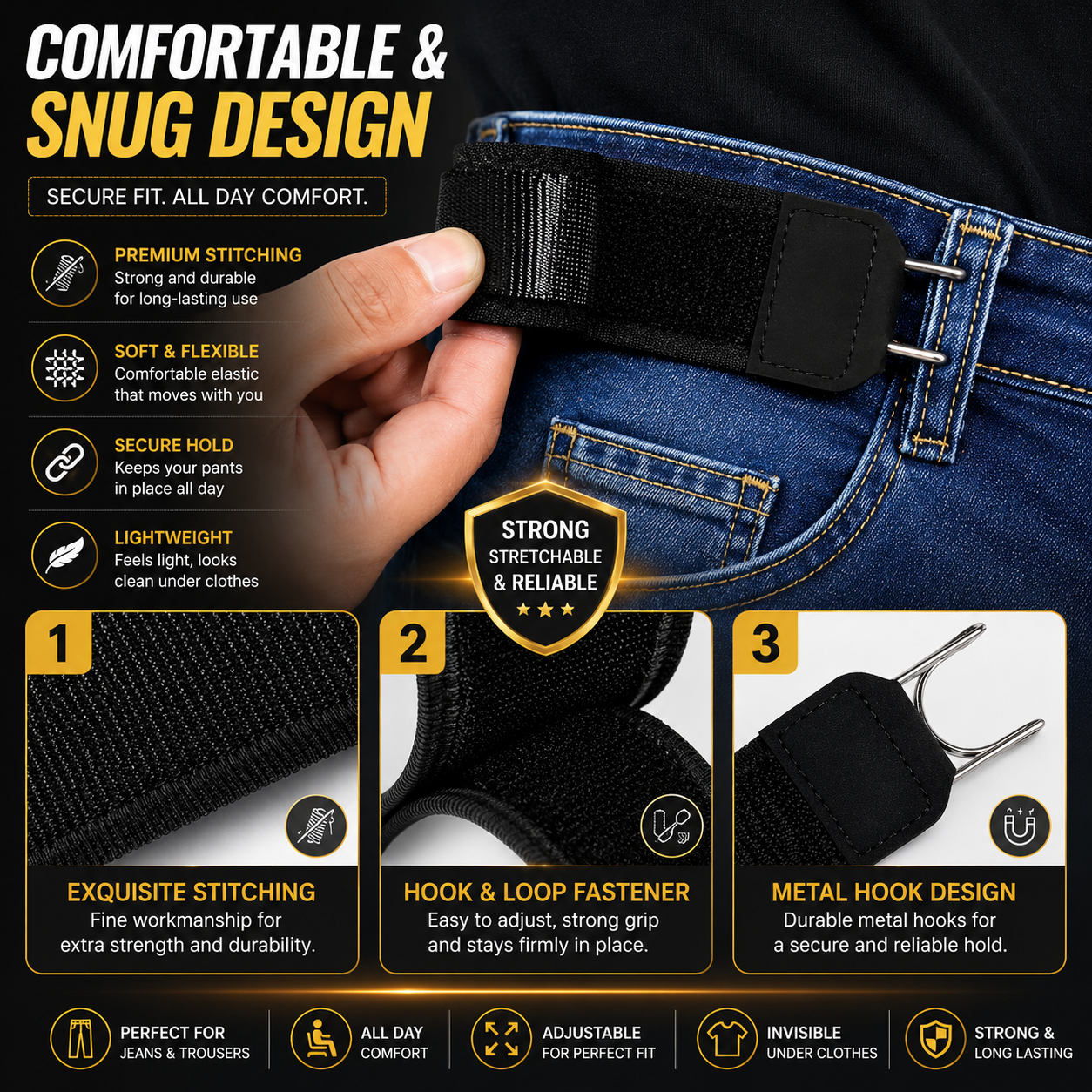 Tactical Metal Hook Elastic Belt (Unisex) - Patented No - Buckle Invisible Design | Soft Adjustable Side（2 packs）