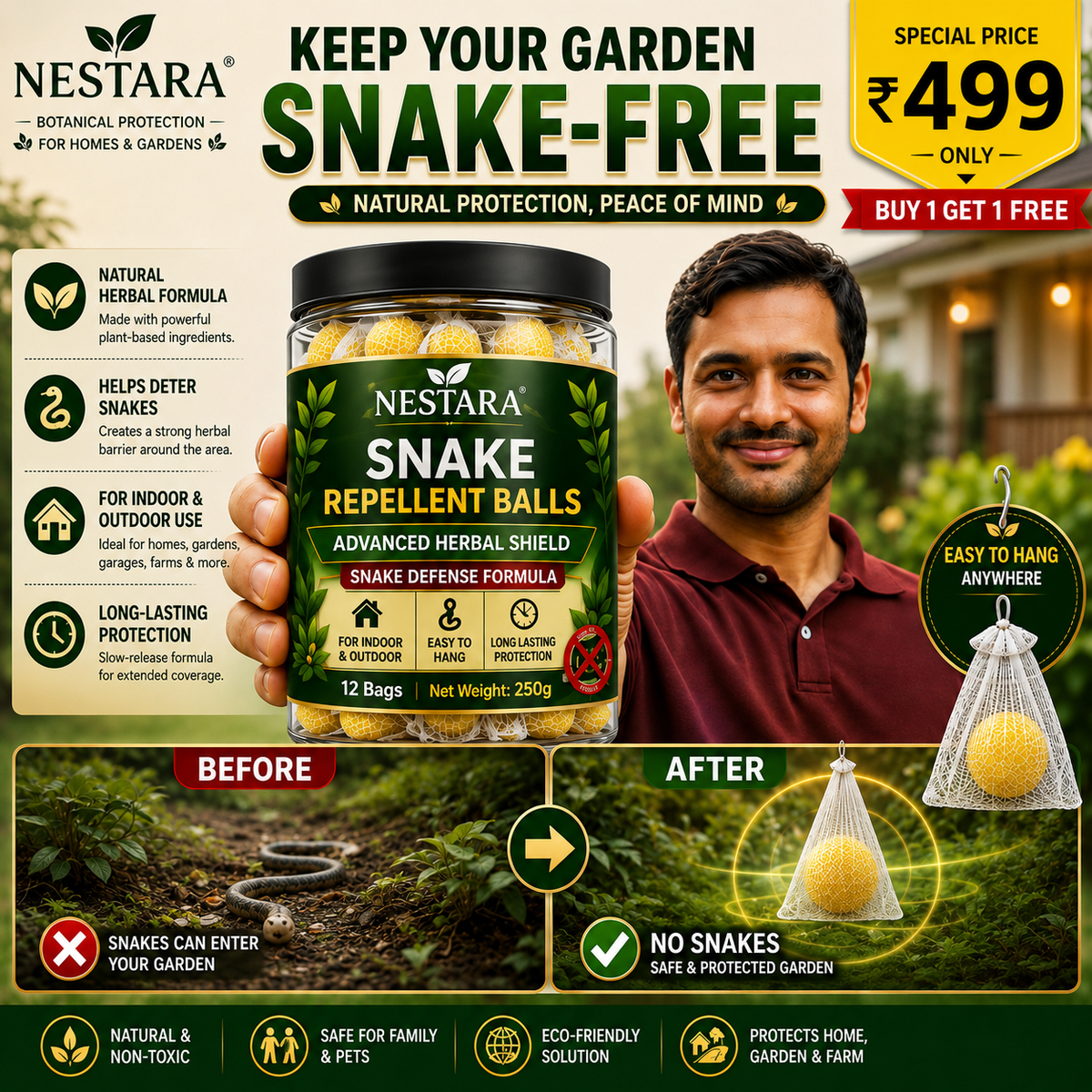 Nestara™ Snake Repellent Balls / Natural Herbal Snake Repellent for Home, Garden & Farm