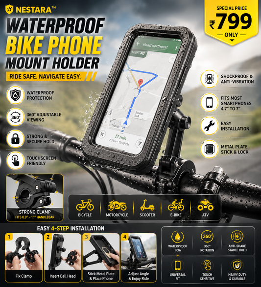Nestara™ Waterproof Bike Phone Mount Holder | 360° Rotation | Secure Lock | Fits 4.7–7" Smartphones