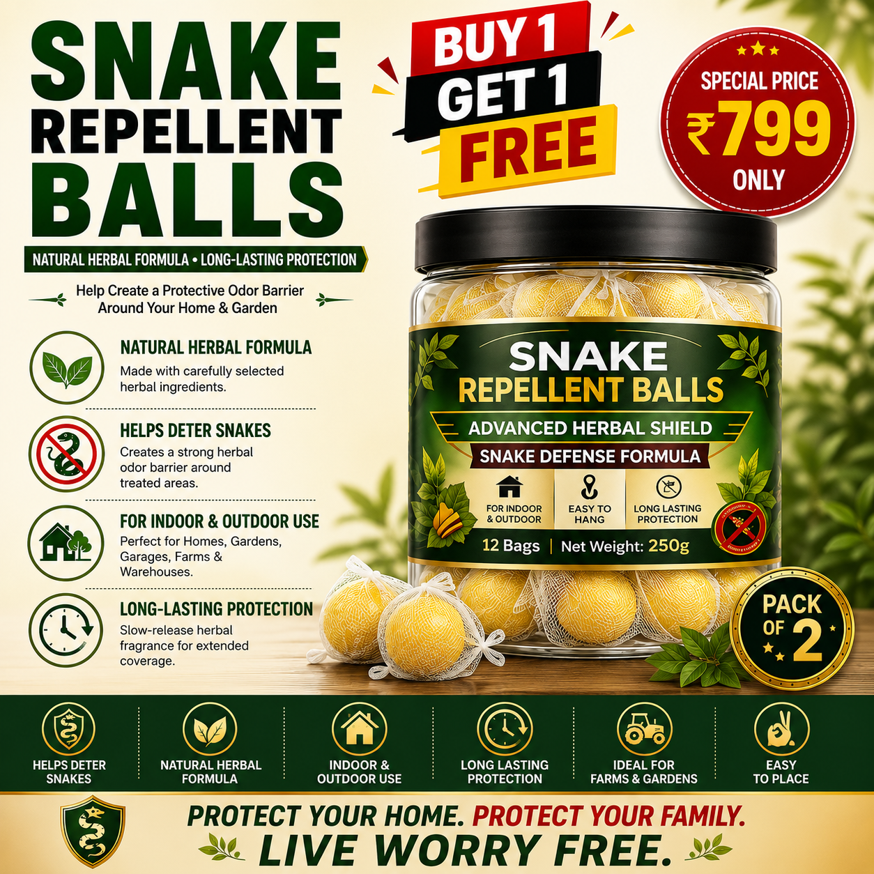 Nestara™ Snake Repellent Balls (Pack of 2) | Natural Herbal Snake Repellent for Home, Garden & Farm