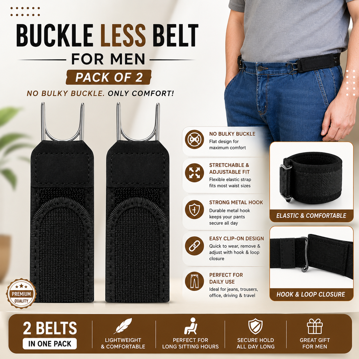 Tactical Metal Hook Elastic Belt (Unisex) - Patented No - Buckle Invisible Design | Soft Adjustable Side（2 packs）