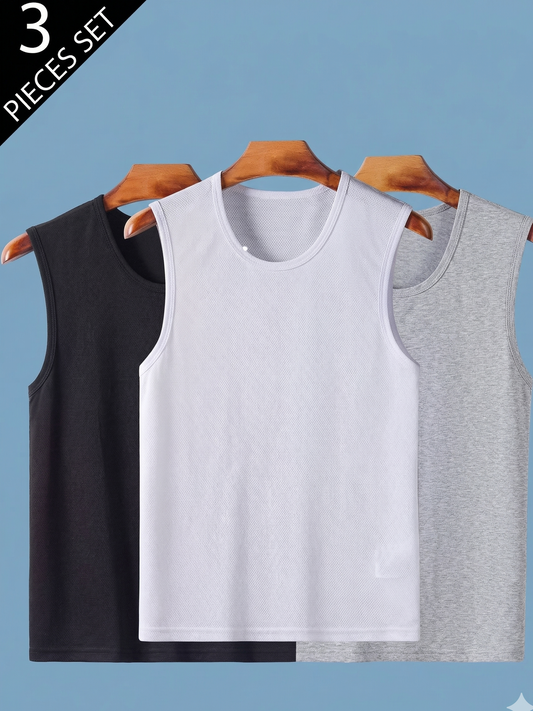 3pcs Men's Sleeveless Shirts/Tight-Fit T-Shirts - Solid Black/White/Grey
