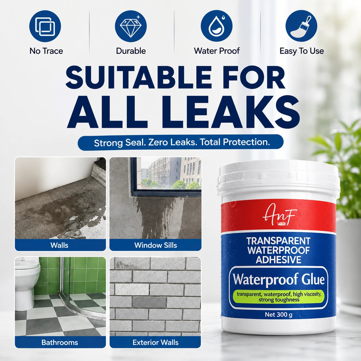 Nestara™ Transparent Waterproof Glue | Invisible Anti-Leak Sealant for Bathroom, Roof, Walls, Tiles & Kitchen (300g × 2 | Buy 1 Get 1 Free)
